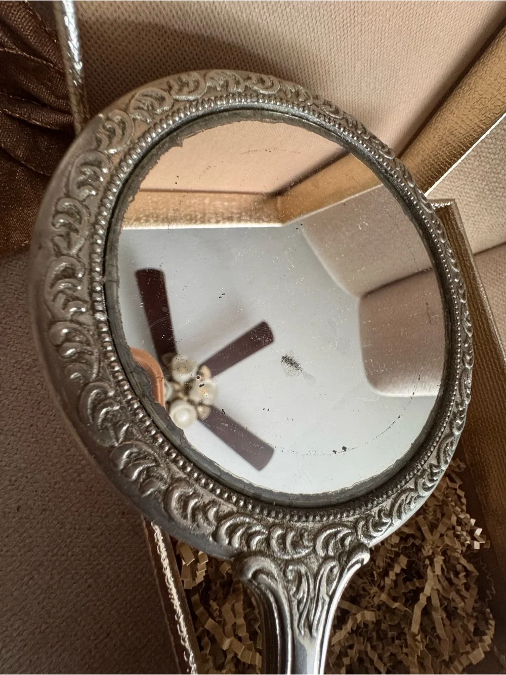 Vintage Silver Plated Victorian Style Vanity Hand Mirror Ornate Floral